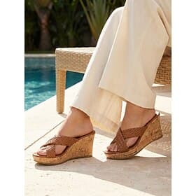 Women's Boho Genuine Leather Sandals - Brown Cross Strap Wedge Platform Heels with Peep Toe for Luxury Resort, Beach Vacation Summer Cruise