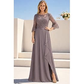 A-Line Floor Length Wedding Guest Dress Formal Dresses Evening Gown Mother of the Bride Dress Long Sleeve Crew Neck Elegant Formal Wedding Guest Formal Evening