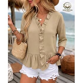 Women's 100% Cotton Shirt Blouse Ruffle Shirt Ruffle Patchwork Solid Color Plain Stylish Classic Modern Long Sleeve V Neck Regular Tops Daily Holiday Going out