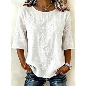 Damen Hemd Einfarbig Elegant Bohemien Urlaub Dreiviertelarm V Ausschnitt Normale Oberteile Lässig Weiß Sommer Frühling