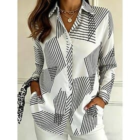 Damen Hemd Bluse Patchwork Knöpfe Druck Grafik Geometrisch Vintage Lässig Langarm Hemdkragen Normale Oberteile Täglich WeißSchwarz Weiß Sommer Frühling Herbst