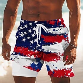 Men's 4th of July U.S. 250th Anniversary American Flag Swim Trunks Bathing Suits Swim Shorts Board Shorts Mid Waist Patriotic Holiday Side Pockets Mesh Lining