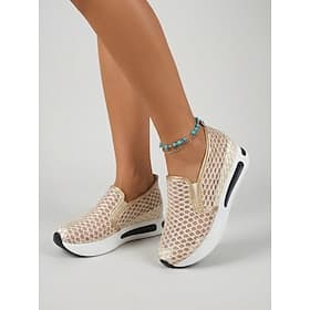Women's Gold Mesh Slip On Sneakers - Breathable Wedge Shoes, Comfortable Footwear for Summer Daily Wear, Walking Travel