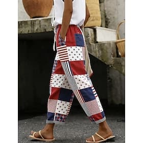 Women's Slacks Vacation Casual Ankle-Length NaturalPantsAmerican Independence Day Graphic Flag American Flag Drawstring Patchwork Pocket Comfy Comfort Comforta