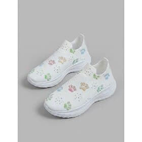 Women's White Slip-On Walking Sneakers – Lightweight Breathable Casual Shoes with Cute Paw Print Design for Travel, All-Day Comfort Everyday Wear