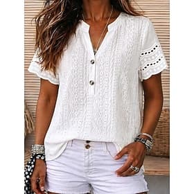 Femmes Chemise Chemise ajourée Haut à œillets Chemisier Œillet Élégant Mode Quotidien Manche Courte Col en V Hauts Réguliers Occasionnel Blanche Été Printemps