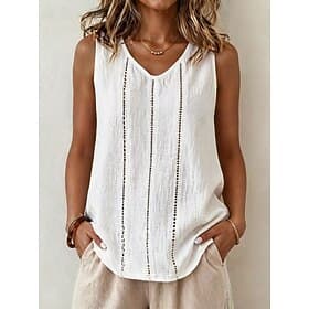 Women's Cotton Linen Vest T Shirt Tank Top Tee Elegant Bohemia Fashion Sleeveless V Neck Regular Tops Casual Daily Beach Blue Black White Navy Blue Purple Summ