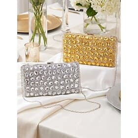 Women's Luxury Rhinestone Evening Clutch Bag, Gold Crystal Gem Embellished Hard Frame Handbag with Chain Strap for Formal Weddings, Cocktail Parties and Gala E