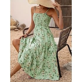 Femmes Robe Midi Robe trapèze Robe Nuisette Vacances Occasionnel Extérieur Sortir Coupe Standard Fleuri Sans manches Bretelles spaghetti Bleu Rose Claire Vert