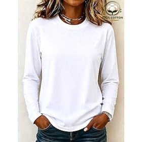 Women's 100% Cotton T-Shirts - Quality Heavy Long Sleeve Crew Neck Tee