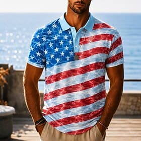4th of July 2026 250th Men's American Flag Hawaiian Polo Shirts Short Sleeve Polo Shirts Lapel Business Casual Athleisure 3D Print Buttons Breathable Mesh Spri