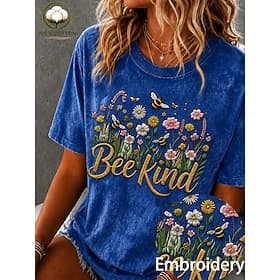 American Independence Day Women's Washed Cotton 100% Cotton Embroidered Elegant Vintage Short Sleeve Crew Neck Round Neck Long Tops Casual Daily Blue Summer Sp
