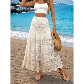 Women's Cotton Bohemia Maxi High Waist Skirts Lace Hole Micro-elastic Apricot Summer