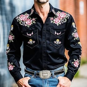 Homme Imprimé Floral Crânes Fleurs Chemise Chemise Western Chemise de cow-boy manche longue Vintage Rétro Occasionnel Extérieur Vêtements de travail Printemps
