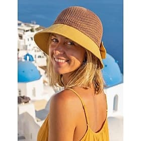 Women's Wide Brim Sun Hat with Bow, Breathable Polyester Mesh Summer Beach Hat, Foldable UV Protection Vacation Cap for Travel, Garden Party, Resort, Outdoor C