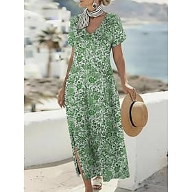 Damen Maxikleid A Linie Kleid Lässig Täglich Ferien Date Normale Passform Blumen Grafik Abstrakt Kurzarm V Ausschnitt Grün Sommer Frühling