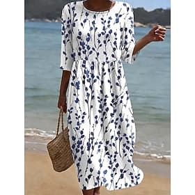 Femmes Robe Midi Robe d'Été Robe d'été Vacances Occasionnel Boho Fête Coupe régulière Fleuri Graphique Demi Manches Col ras du cou Rose Claire Bleu Ciel Beige
