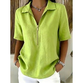 Femmes Chemisier Chemise en faux lin Fermeture éclair Boutons Couleur Unie Quotidien Élégant Occasionnel Manche Courte Col Polo Hauts Réguliers Occasionnel Quo