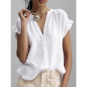 Femmes Chemisier Chemise en faux lin A Volants Couleur Unie Quotidien Élégant Basique Manche Courte Col en V Hauts Réguliers Occasionnel Quotidien Blanche Rose
