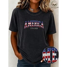 American Independence Day Women's 100% Cotton Washed Embroidered Elegant Vintage Cotton T Shirt Summer Tops Fashion Short Sleeve Crew Neck Round Neck Regular T