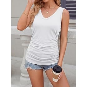 Women's T Shirt Tank Top Tee Top Solid Color Fashion Sleeveless V Neck Regular Tops Casual Daily Summer Black White Summer Spring