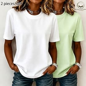 Women's 100% Cotton 2 Pieces Set T Shirt Basic Classic Modern Short Sleeve Crew Neck Regular Tops Casual Daily Going out Black / Red WhitePink White / Black Gr