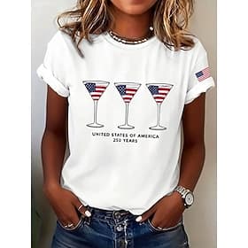 American Independence Day Women's T Shirt Print Graphic Flag Letter Vintage Fashion Stylish Short Sleeve Crew Neck Regular Tops Casual Daily Weekend White Summ