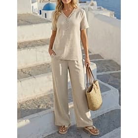 Women's Shirt Pants Sets Short Sleeve V Neck Solid Color Fashion Streetwear Casual Daily Outdoor Beige Spring Summer Regular Fit