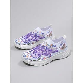 Women's Purple Vibrant Butterfly Print Slip-On Sneakers - Lightweight Platform Athletic Shoes with Rhinestone Accents Breathable Knit, Casual Walking Shoes fo