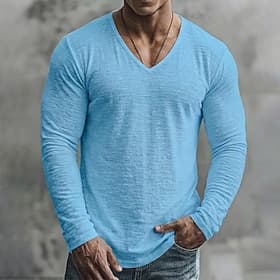 Men's Tee Top Linen T-Shirt Long Sleeve V Neck Spring Summer Summer Spring Solid Color Plain Textured Daily Casual Street Style Plain Casual Outdoor Street Li
