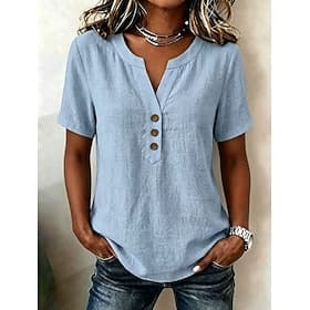 Women's Blouse Solid Color Vintage Stylish Basic Short Sleeve V Neck Regular Tops Casual Daily Blue Khaki Pink Dark Green Summer Spring
