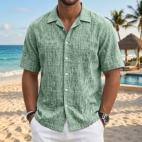 Men's Shirt Linen Shirt Summer Shirt Beach Wear Button Up Shirt Solid Color Casual Vacation White Navy Blue Sky Blue Green Short Sleeve Shirt Collar Summer Spr