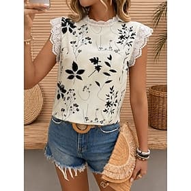 Women's Blouse Lace Floral Graphic Vintage Stylish Casual Sleeveless V Neck Regular Tops Casual Daily White Orange Beige Summer Spring