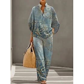 Women's Pants Sets Long Sleeve 3/4 Length Sleeve Stand Collar Floral Graphic Fashion Streetwear Casual Daily Outdoor Blue Pink Brown Spring Summer Regular Fit