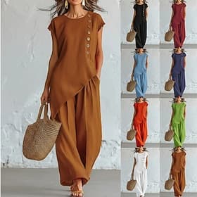 Women's Pants Sets Short Sleeve Round Neck Split Bohemia Casual Blue claret Caramel color Summer Loose Fit