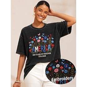 American Independence Day Women's 100% Cotton Vintage Fashion Stylish Short Sleeve Crew Neck Regular Tops Casual Black Summer Spring
