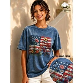 American Independence Day Women's 100% Cotton T Shirt Vintage Washed Tops Print Graphic American Flag Vintage Fashion Stylish Short Sleeve Crew Neck Regular To