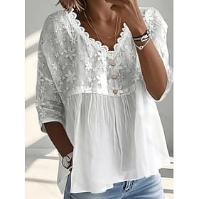 Women's Shirt Blouse Patchwork Embroidered Floral Graphic Elegant Vacation Fashion Long Sleeve V Neck Long Tops Casual Daily White Summer Spring