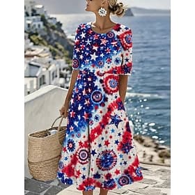 American Independence Day Women's Midi Dress A Line Dress Vacation Casual Holiday Regular Fit Graphic Flag Half Sleeve Crew Neck Blue Red Summer Spring