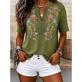 Women's Blouse Embroidered Floral Graphic Vintage Stylish Casual Short Sleeve V Neck Regular Tops Casual Daily Blue Black Purple Green Summer Spring