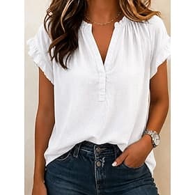 Women's Blouse Faux Linen Shirt Ruffle Solid Color Daily Stylish Basic Short Sleeve V Neck Long Tops Casual Daily White Khaki Pink Green Summer Spring