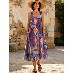 Women's Midi Dress Shift Dress Vacation Casual Boho Holiday Regular Fit Graphic Geometric Sleeveless U Neck Blue Purple Summer Spring