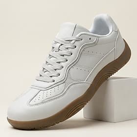 Men's White Low Top Sneakers, Lace-Up Casual Walking Shoes, Soft Gum Sole Shoes for Travel, Streetwear, Daily Wear
