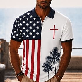 4th of July 2026 250th Men's Palm Tree Cross Zip Polo Shirts Short Sleeve Polo Shirts Collared Shirts Casual Party Evening Wear Festival Wear 3D Print Quarter