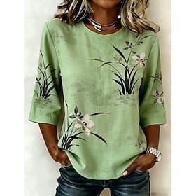 Women's Blouse Print Floral Graphic Bohemia Vintage Tropical 3/4 Length Sleeve Crew Neck Regular Tops Casual Daily Vacation Wear Blue Pink Red Green Summer Spr