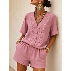 Damen Hemd Einfarbig Elegant Bohemien Urlaub Kurzarm V Ausschnitt Crop Tops Blau Schwarz Weiß Rosa Sommer Frühling