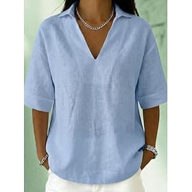 Women's Plus Size Shirt Solid Color Vacation Vintage Short Sleeve V Neck Shirt Collar Regular Tops Casual Daily Blue White Pink Orange Green Summer Spring