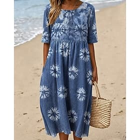 Damen Midikleid Etui-Kleid T-Shirt-Kleid A Linie Kleid Sommerkleid Urlaub Lässig Boho Täglich Sommerkleid Frühlingskleid Normale Passform Blumen Grafik Abstrak