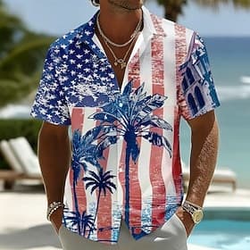 4th of July 2026 250th Men's American Flag Coconut Palm Shirt Summer Shirt Button Up Shirt Short Sleeve Patriotic Outdoor Festival Summer Spring Turndown 3D Pr
