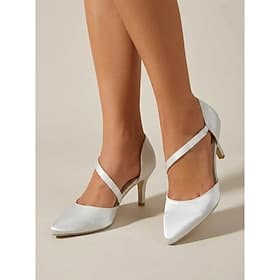 Zapatos de tacón alto de satén blanco para mujer: elegantes zapatos de salón d'Orsay con punta afilada y tira cruzada para cócteles. boda